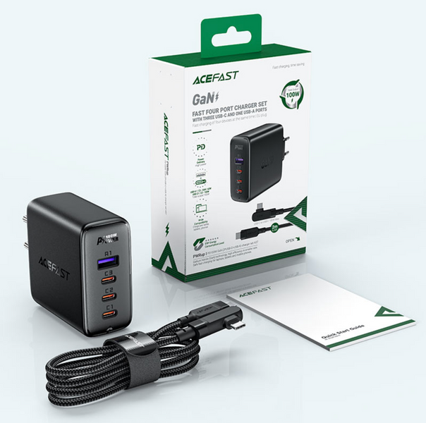 Мережевий зарядний пристрій Acefast A37 адаптер 3xUSB-C + USB-A + кабель USB-C to USB-C 100w (Black) 00133 фото