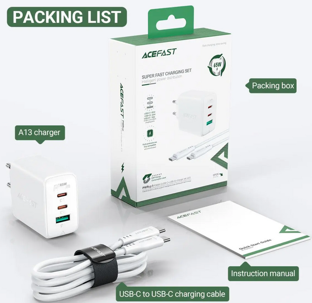 Мережевий зарядний пристрій Acefast A13 адаптер 2xUSB-C + USB-A 65w + кабель USB-C to USB-C 001333 фото