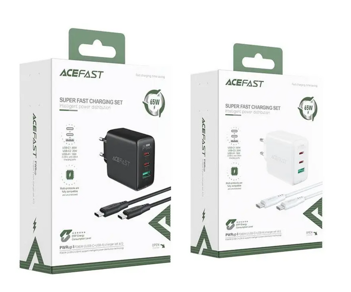 Мережевий зарядний пристрій Acefast A13 адаптер 2xUSB-C + USB-A 65w + кабель USB-C to USB-C 001333 фото