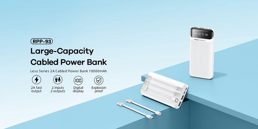 Remax Power Bank 10000 mAh Lesu Series 2A Cabled RPP-93 White 363381294 фото