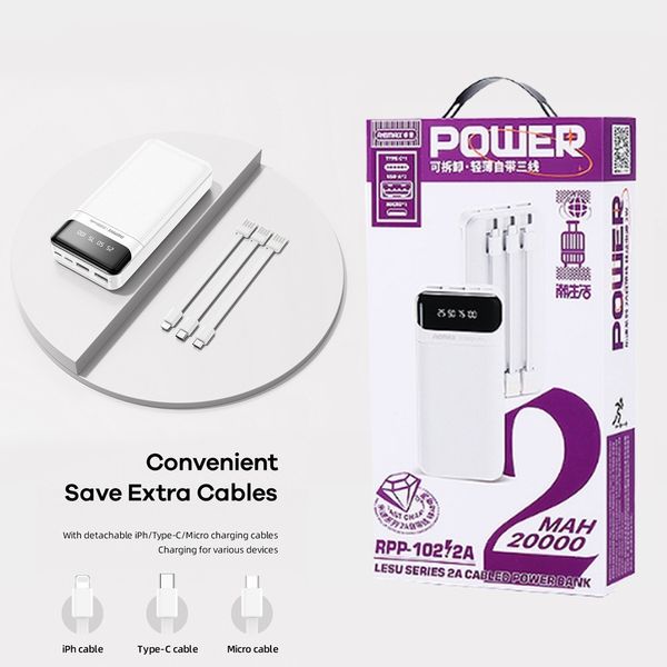 Remax Power Bank 20000 mAh Lesu Series 2A Cabled RPP102 White 360053690 фото