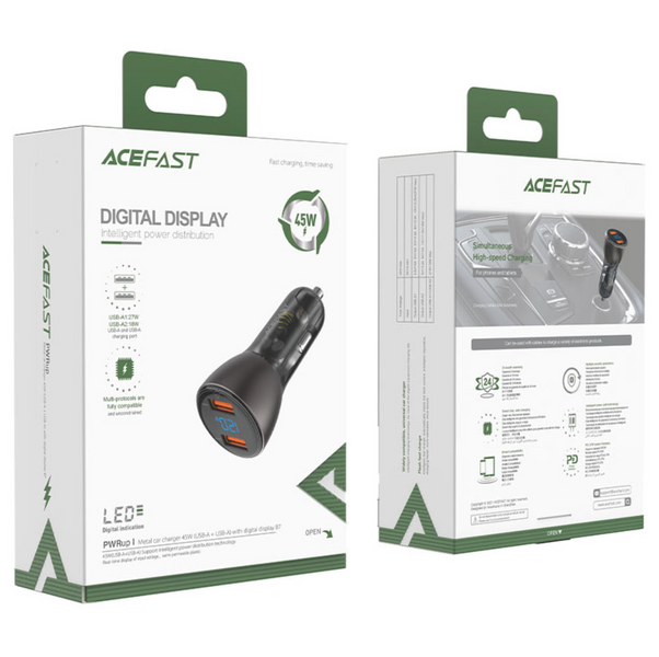 Автомобильное зарядное устройство Acefast B7 Metal Dual USB with digital display 45W 00142 фото