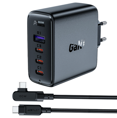 Мережевий зарядний пристрій Acefast A37 адаптер 3xUSB-C + USB-A + кабель USB-C to USB-C 100w (Black) 00133 фото