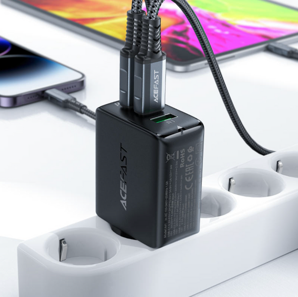 Мережевий зарядний пристрій Acefast GaN A41 2xUSB-C+USB-A 65W (Black) 00219 фото