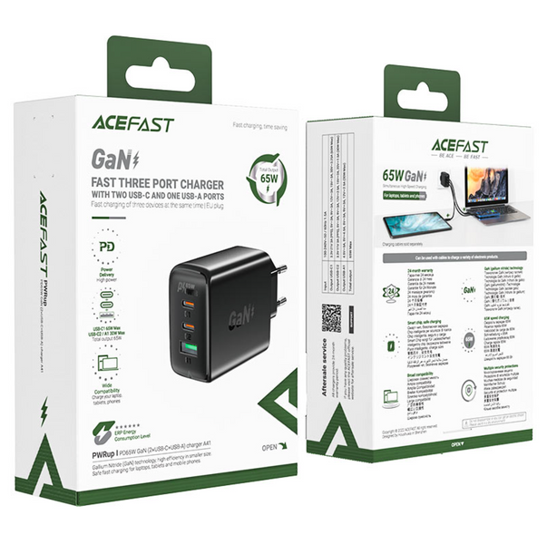 Мережевий зарядний пристрій Acefast GaN A41 2xUSB-C+USB-A 65W (Black) 00219 фото